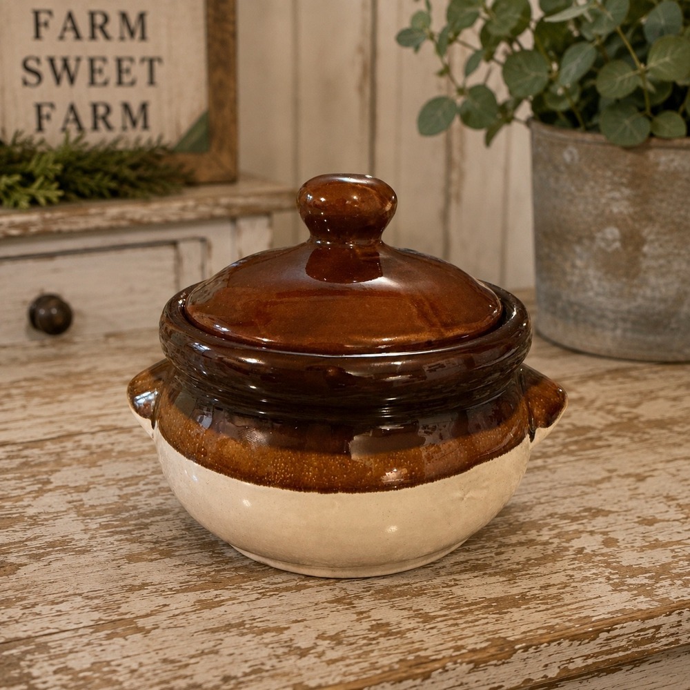 Gailstyn Taiwan Stoneware Bean Pot Two-Tone Brown Cream Glazed Lidded Crock 5x5